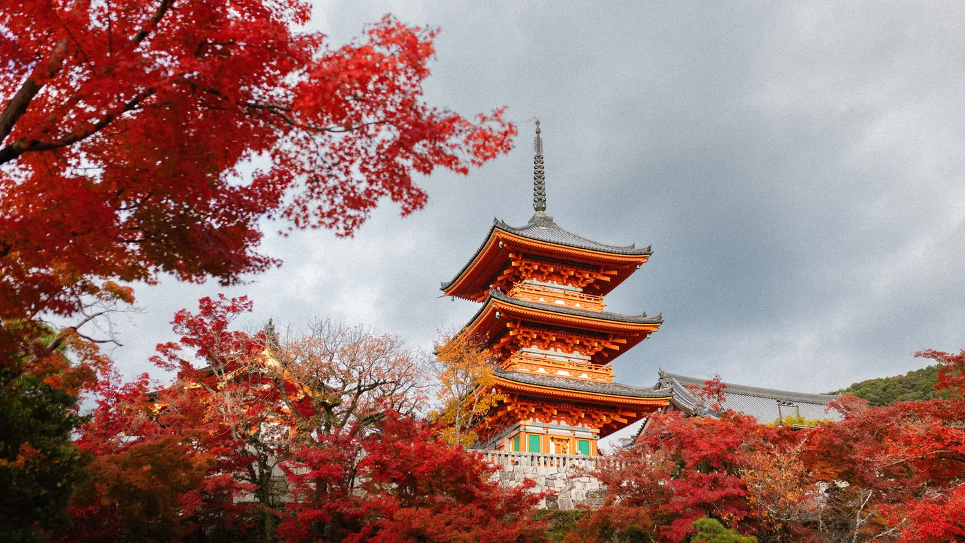 Pagode entre bordos vermelhos no outono japonês